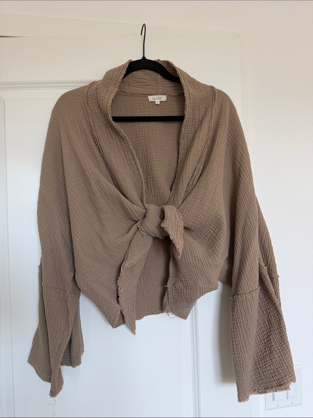 LA MIEL Taupe Tie-Front Textured Knit Cardigan